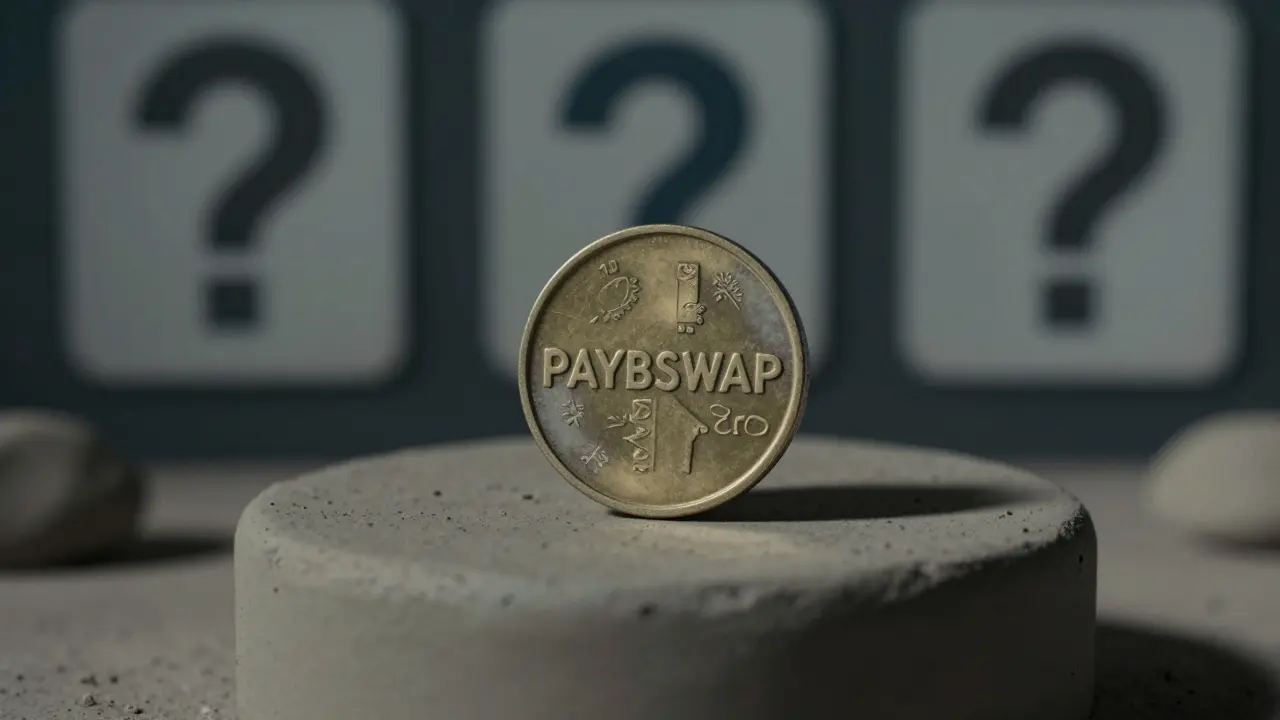 A dull PAYBSWAP coin on a pedestal with warning symbols in the background.