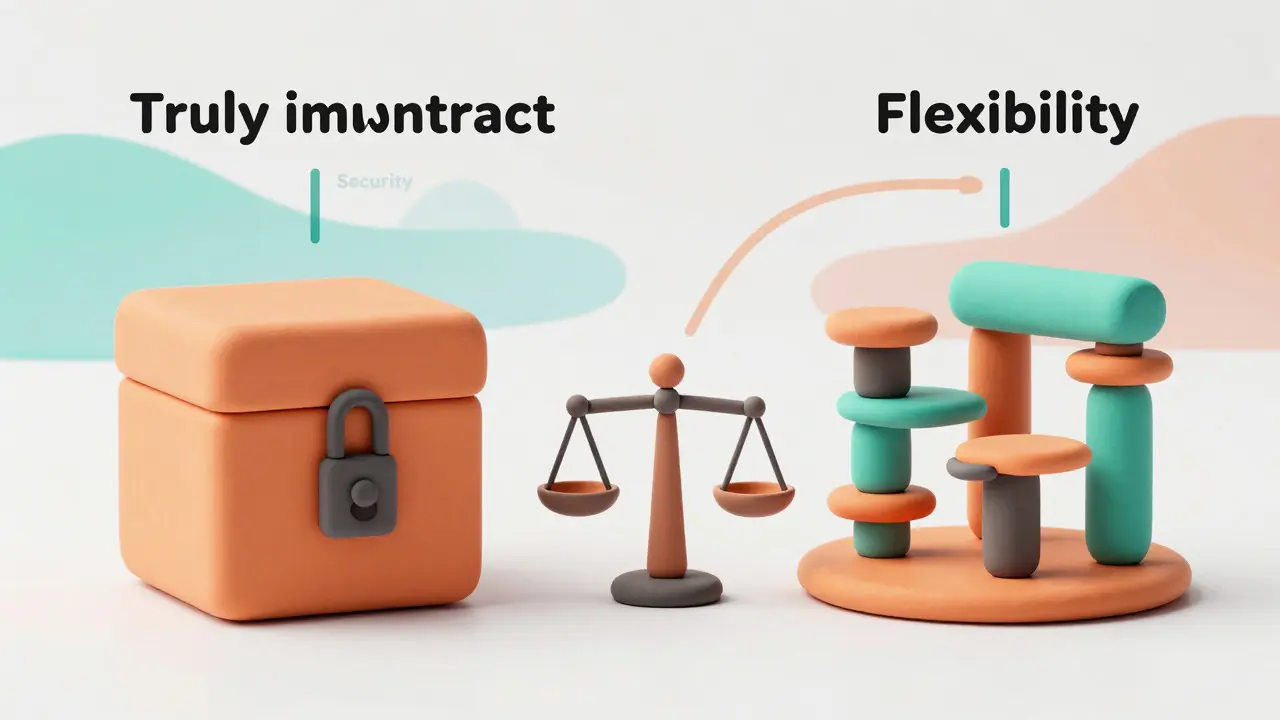 Clay art comparing locked immutable contracts versus modular upgradeable proxy contracts.