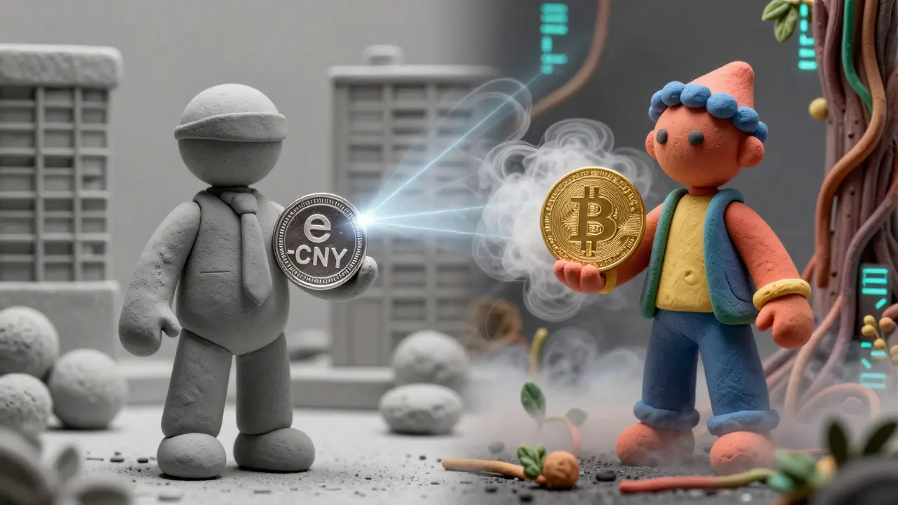 Clay art comparing transparent e-CNY coins with private Bitcoin tokens