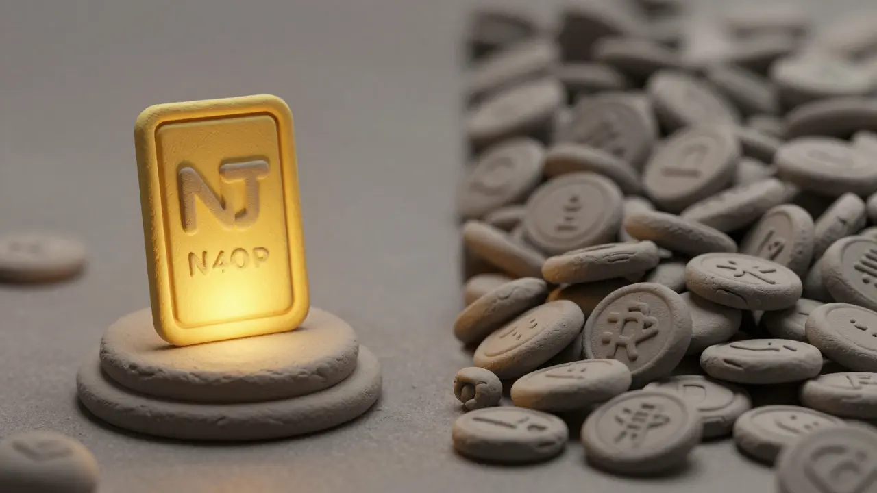 Clay art contrasting rare golden NFT with pile of common tokens