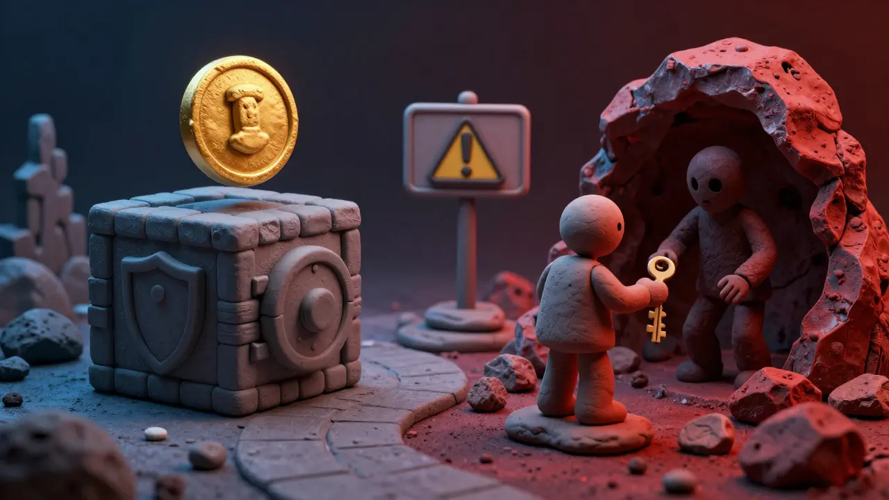 Clay art contrasting safe wallet security with scam risks in crypto airdrops.