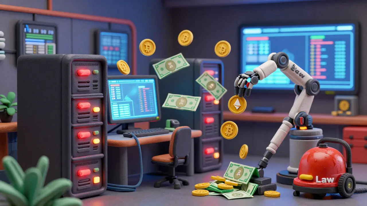 Clay art of bank servers flagging crypto transactions for review