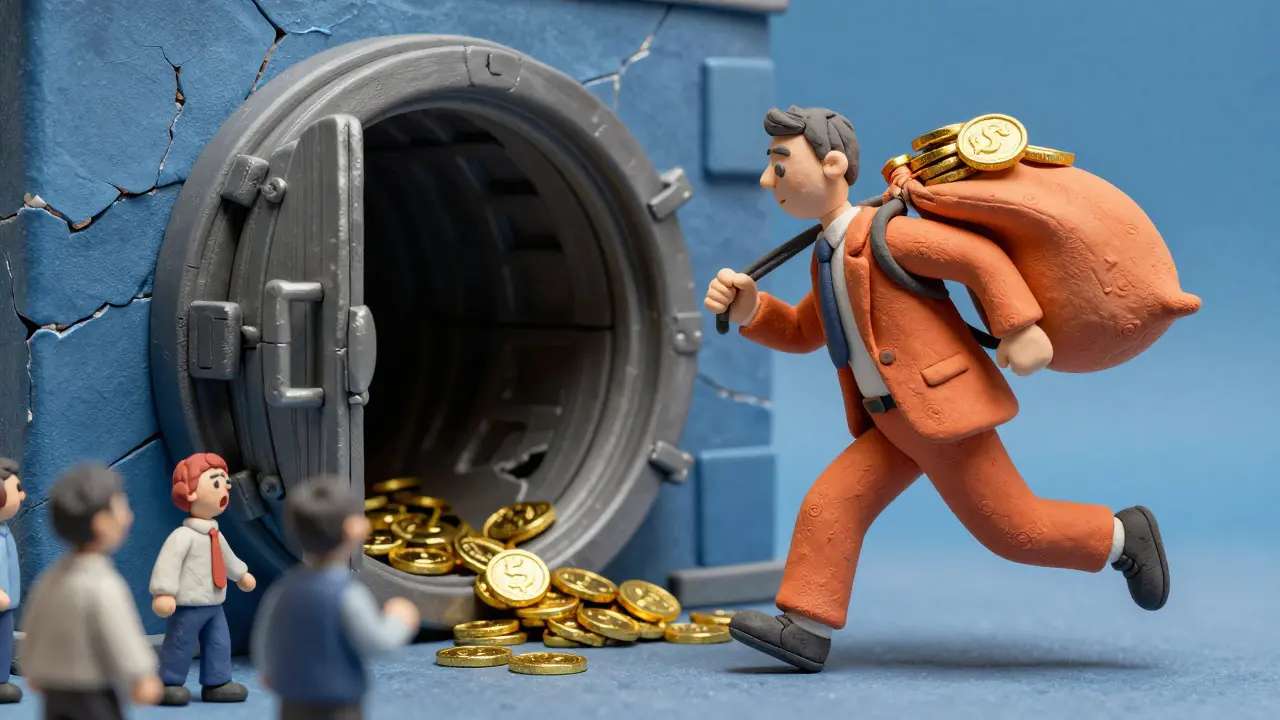 Clay art of CEO fleeing with money as users get locked out