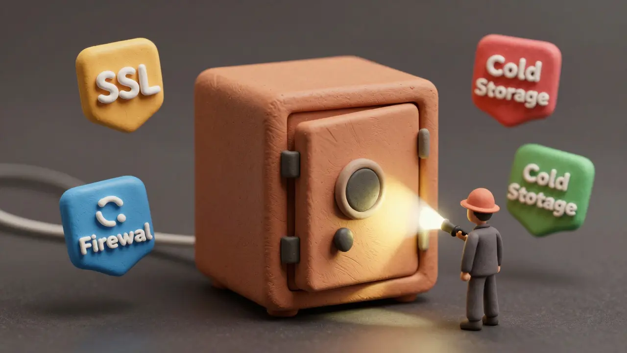 Clay art showing a locked safe with floating, unconnected security icons nearby.