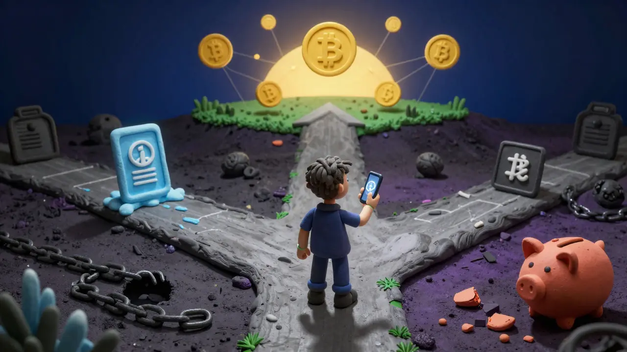 Clay character navigating risks of frozen accounts in crypto trading