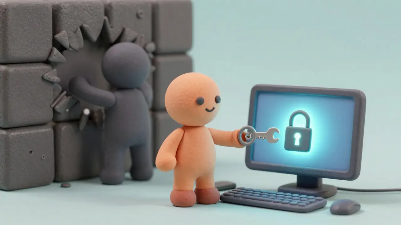 Clay character securing a digital vault with a home computer