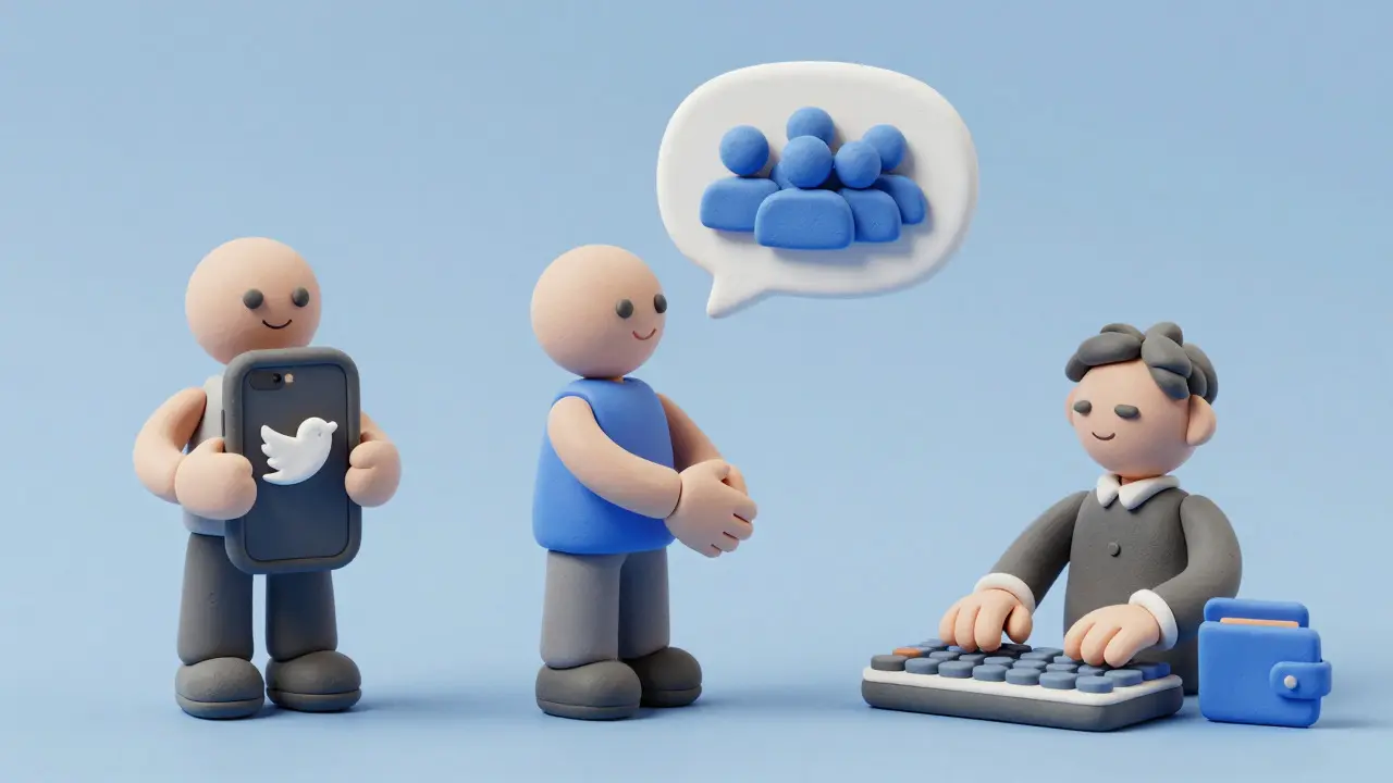 Clay figures illustrating social media tasks for crypto entry