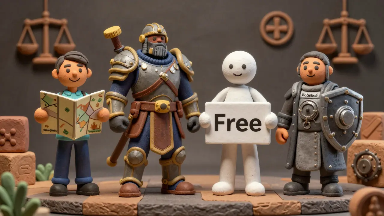 Clay figures representing Coinbase, Kraken, Robinhood, and Gemini exchanges