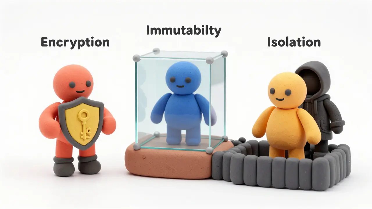 Clay figures representing encryption, immutability, and isolation