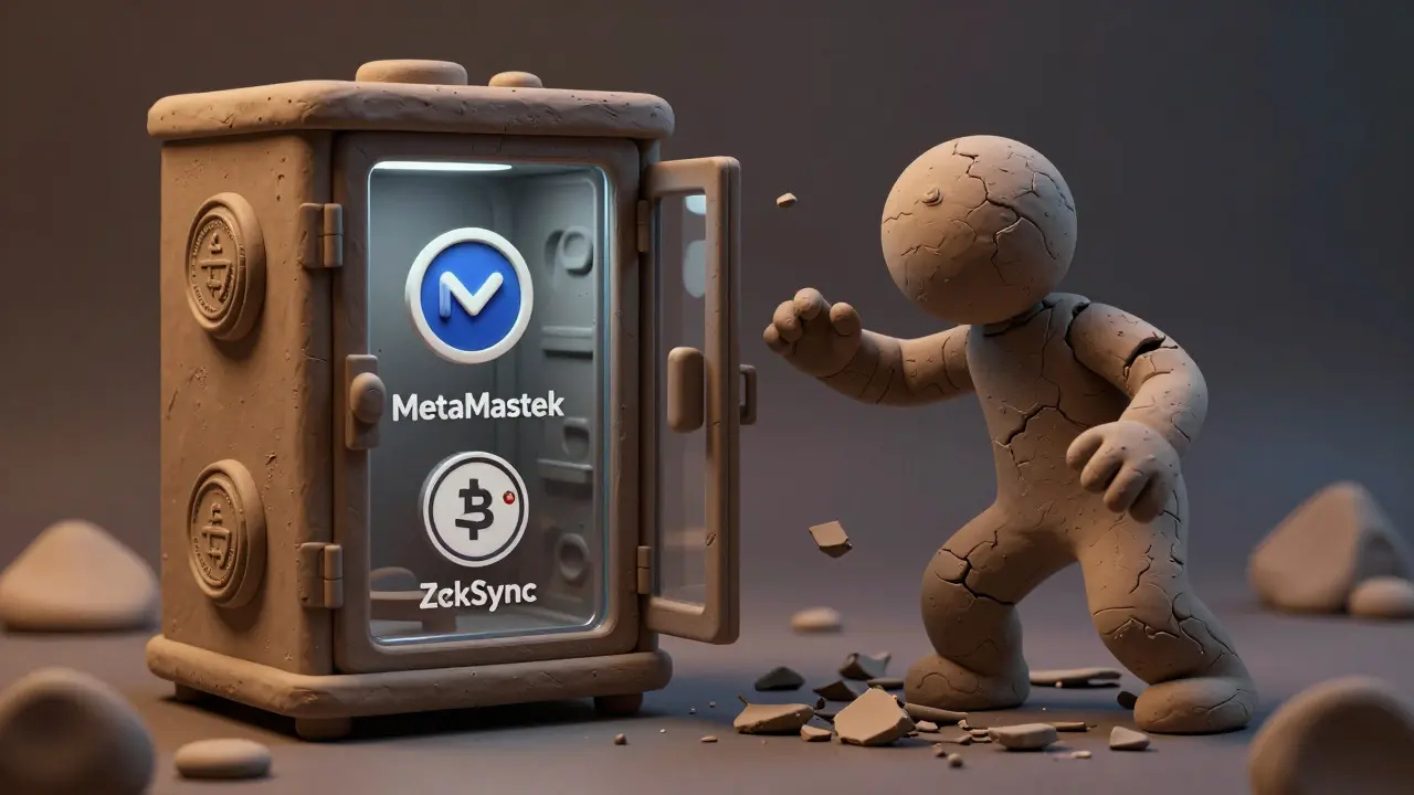 Clay illustration comparing a secure crypto vault to a crumbling, fraudulent project.
