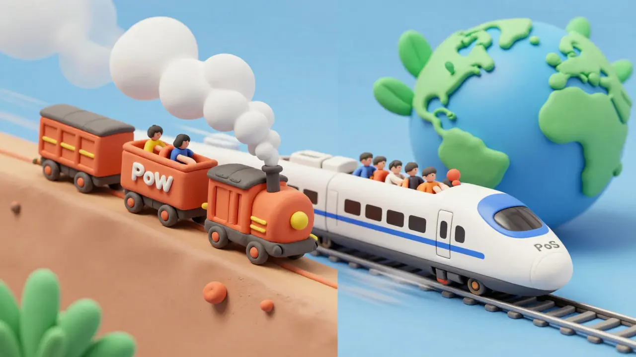 Clay illustration comparing slow PoW train to fast PoS bullet train