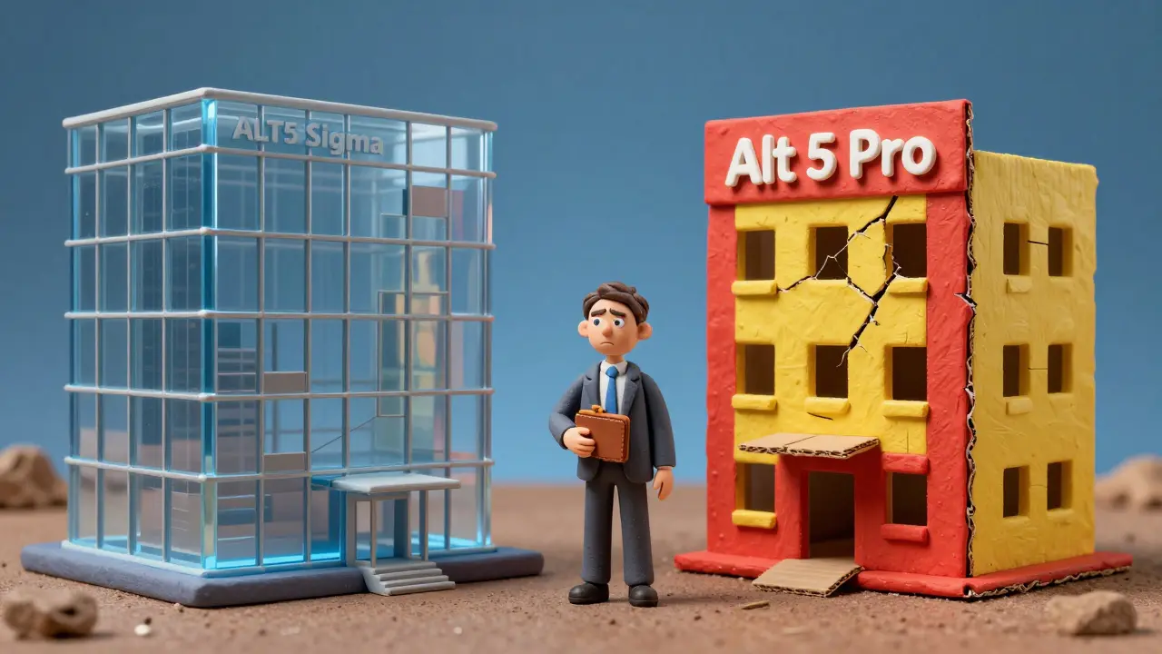 Clay illustration contrasting a solid corporate building with a flimsy fake exchange structure.