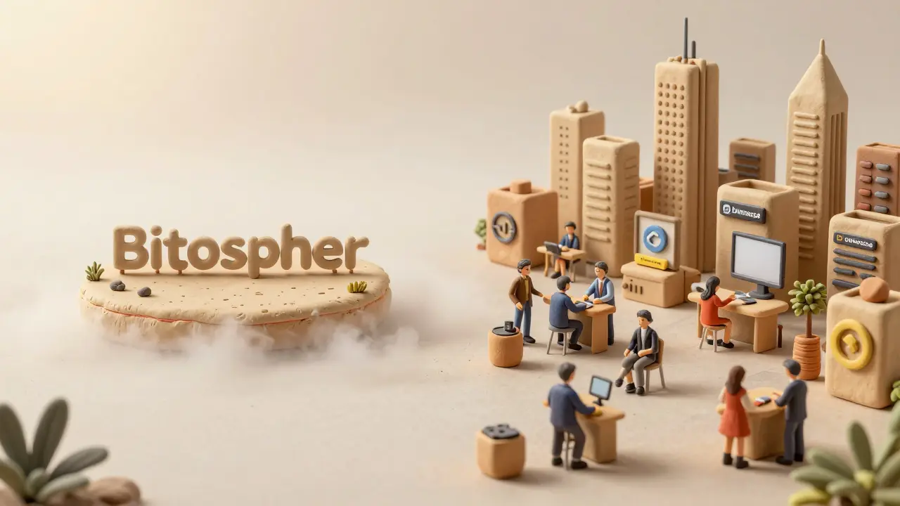 Clay illustration contrasting an isolated risky platform with a busy safe exchange city.
