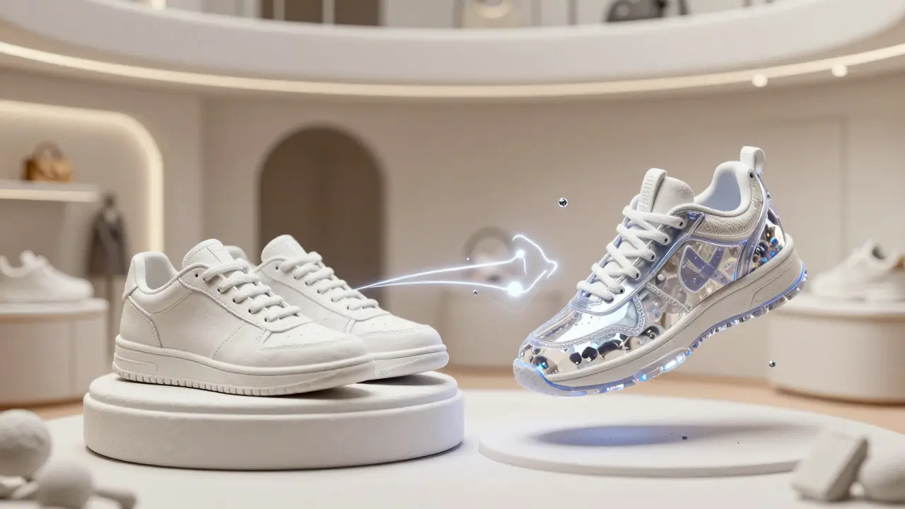 Clay illustration linking physical sneakers to a floating digital token.