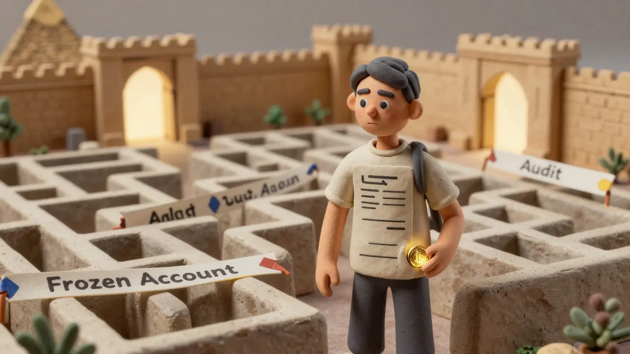 Clay illustration of a user navigating a maze of banking regulations