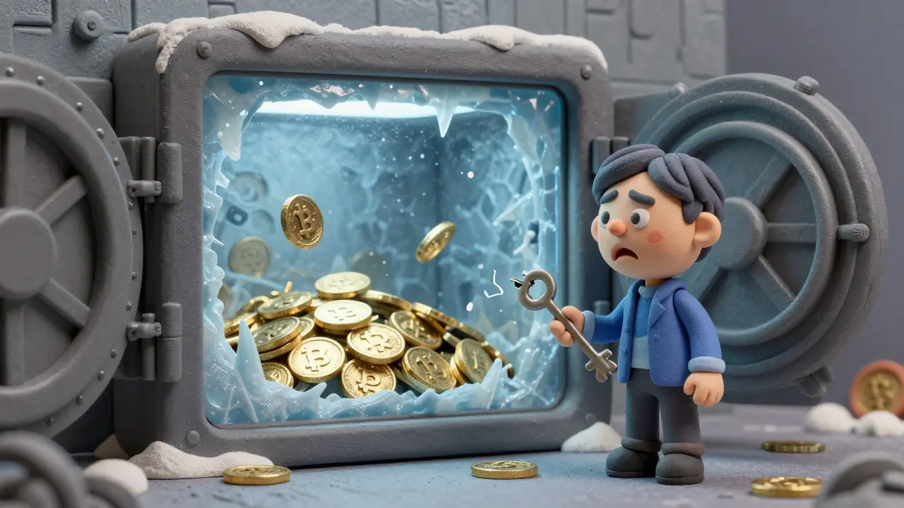 Clay illustration of frozen gold coins in a vault, representing irreversible smart contract bugs.