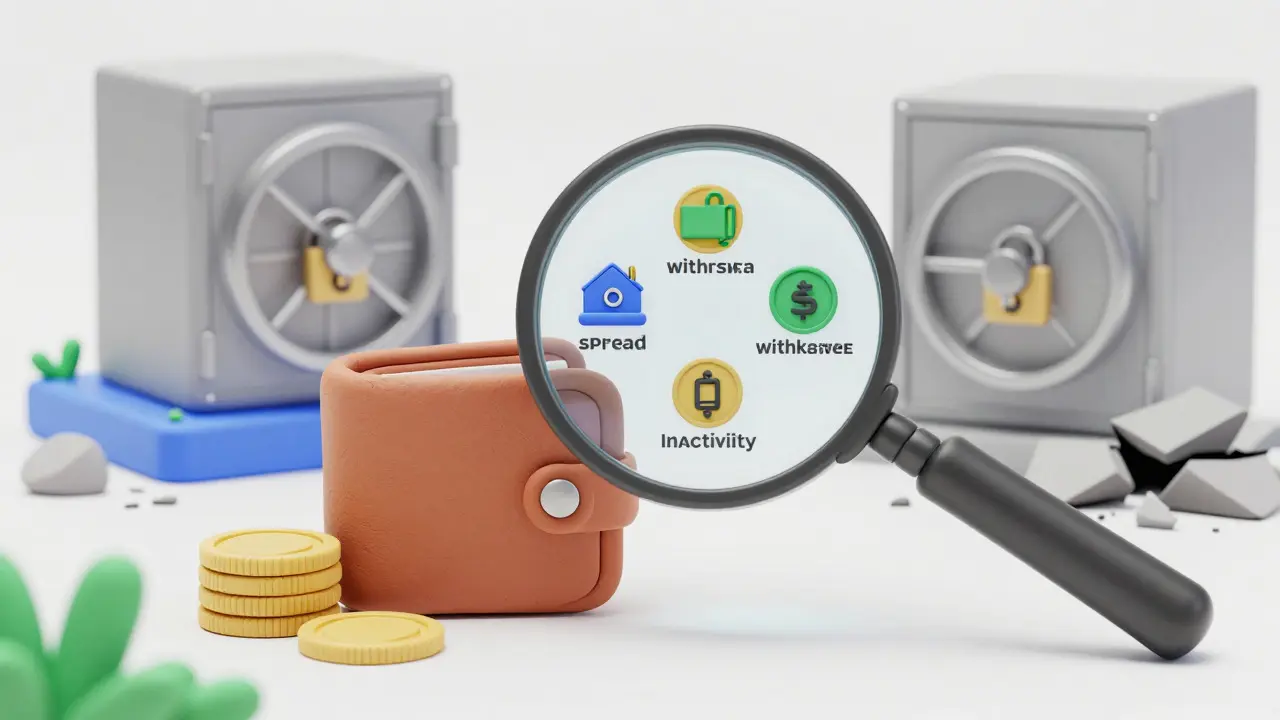 Clay illustration of magnifying glass revealing hidden crypto trading fees
