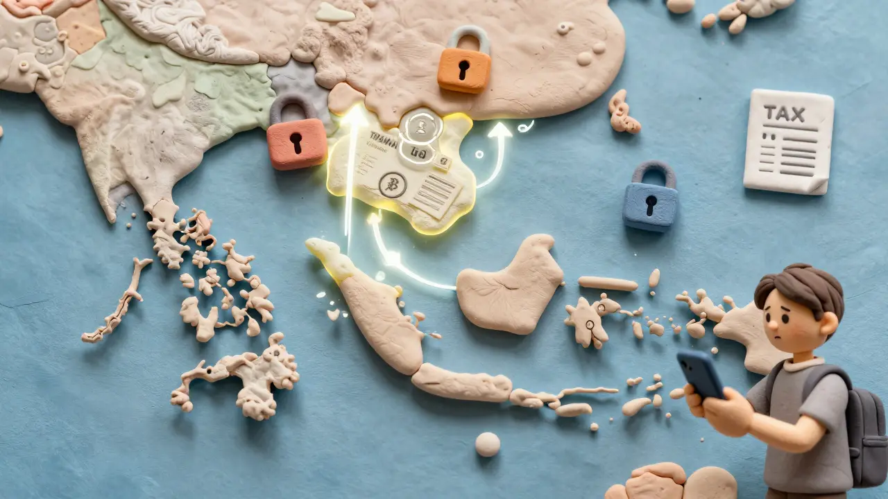 Clay map of Southeast Asia highlighting strict crypto regulations in three countries