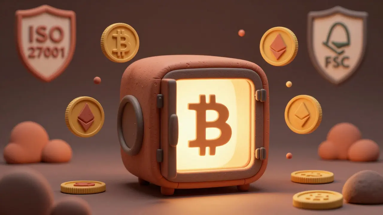 Clay rendering of a secure crypto vault with Bitcoin and Ethereum icons