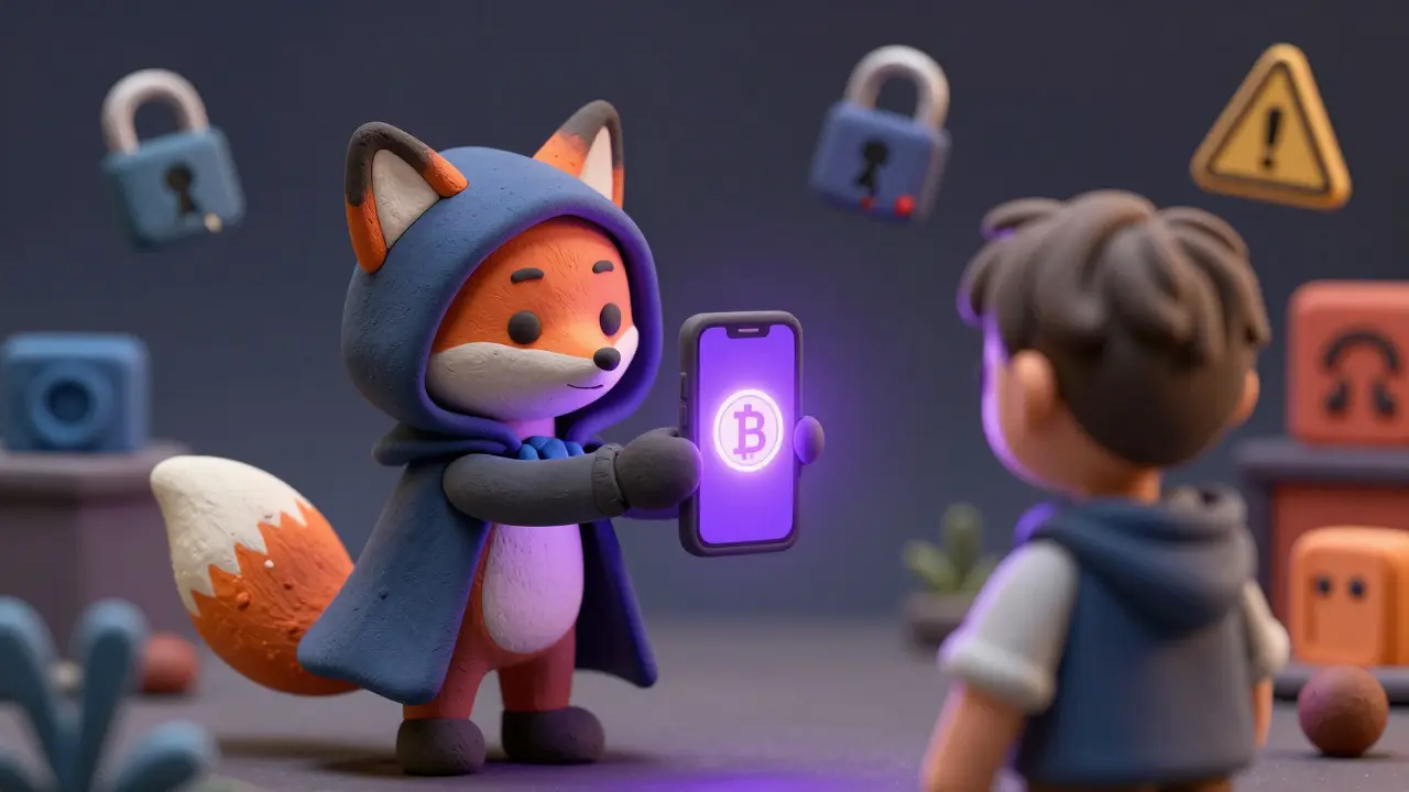 Claymation fox scammer tricking a user with a glowing phone in a phishing scene