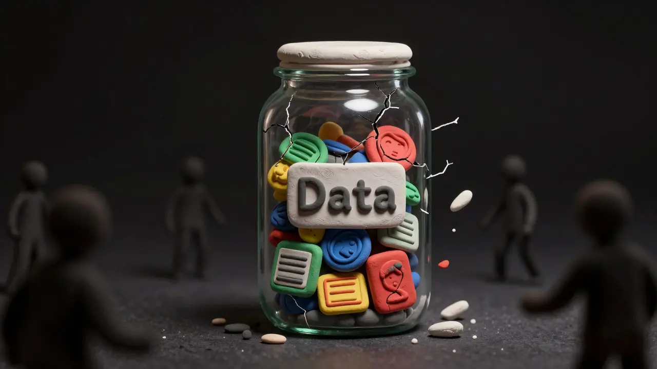 Cracking glass jar leaking biometric data in a dark room, symbolizing a breach.