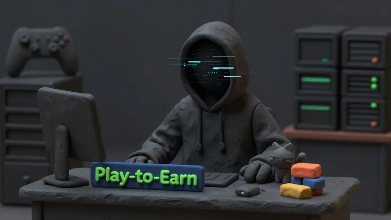 Mysterious clay figure hiding behind a desk with a kitten