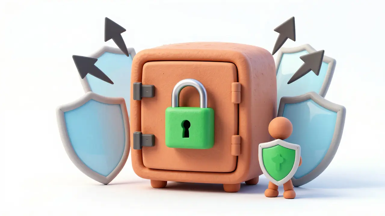 Secure clay safe with green lock and shields protecting against cyber threats