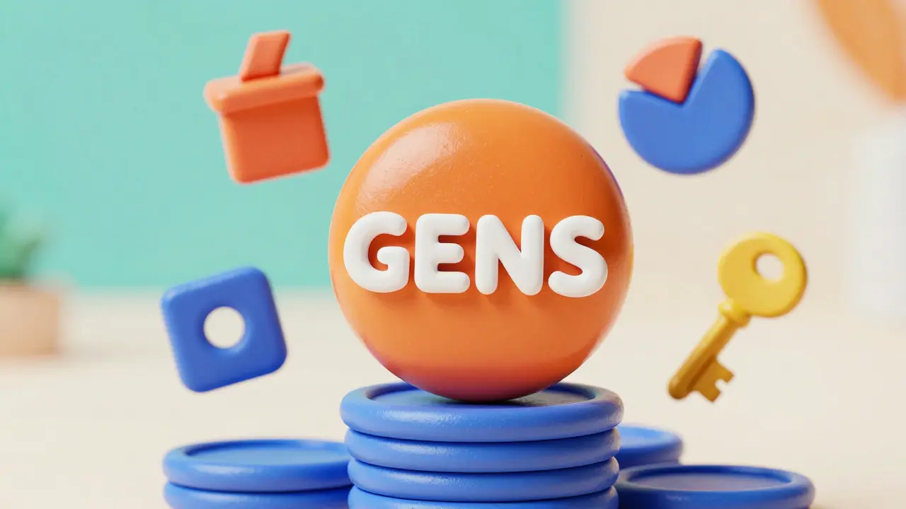 Shiny orange GENS clay token with governance and fee icons