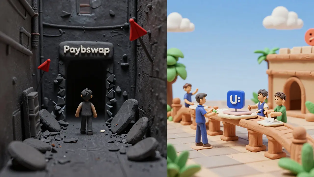 Split scene showing risky Paybswap portal vs safe exchanges like Uniswap.