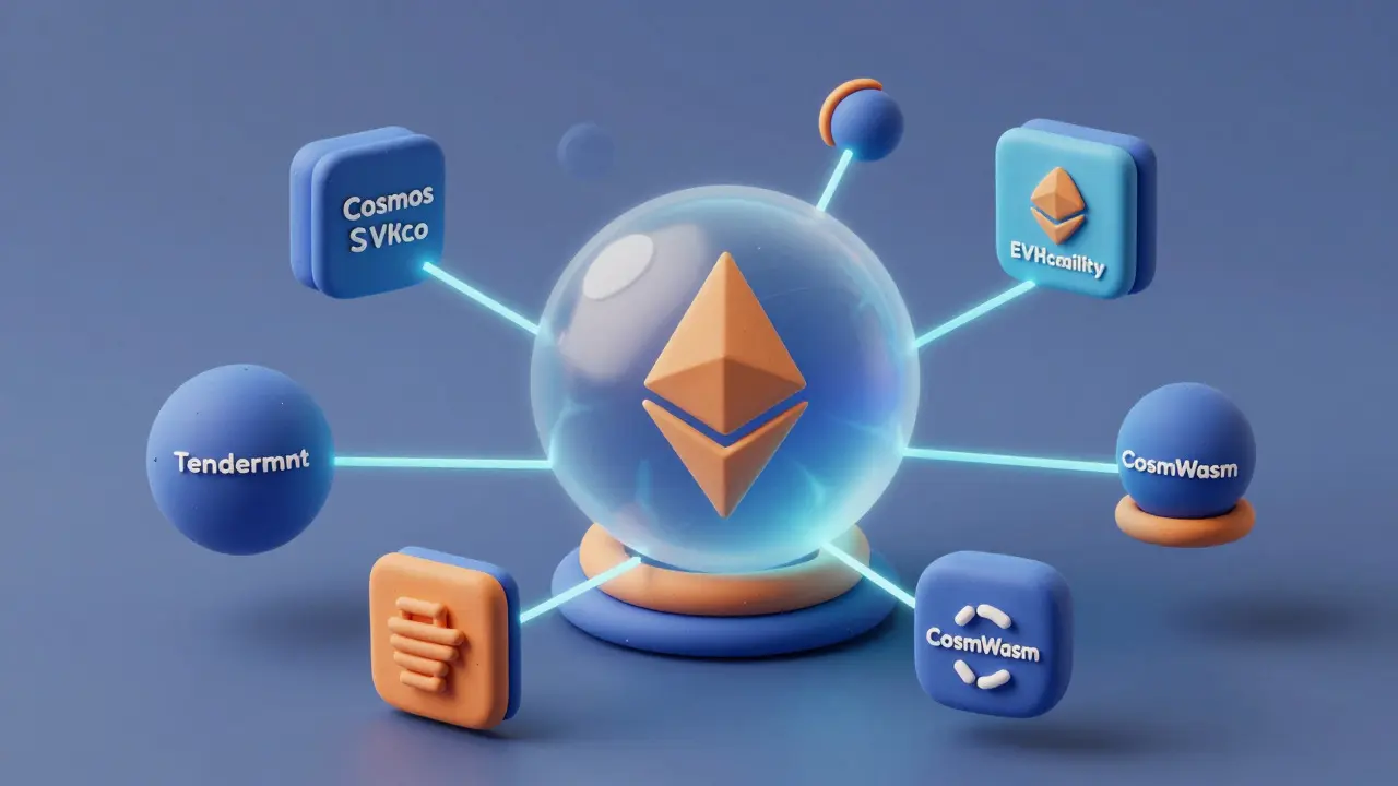 3D clay illustration of blockchain network nodes connected by glowing threads.