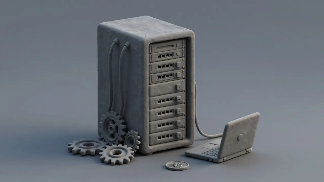 Abandoned clay server rack with disconnected cables and a fallen gear