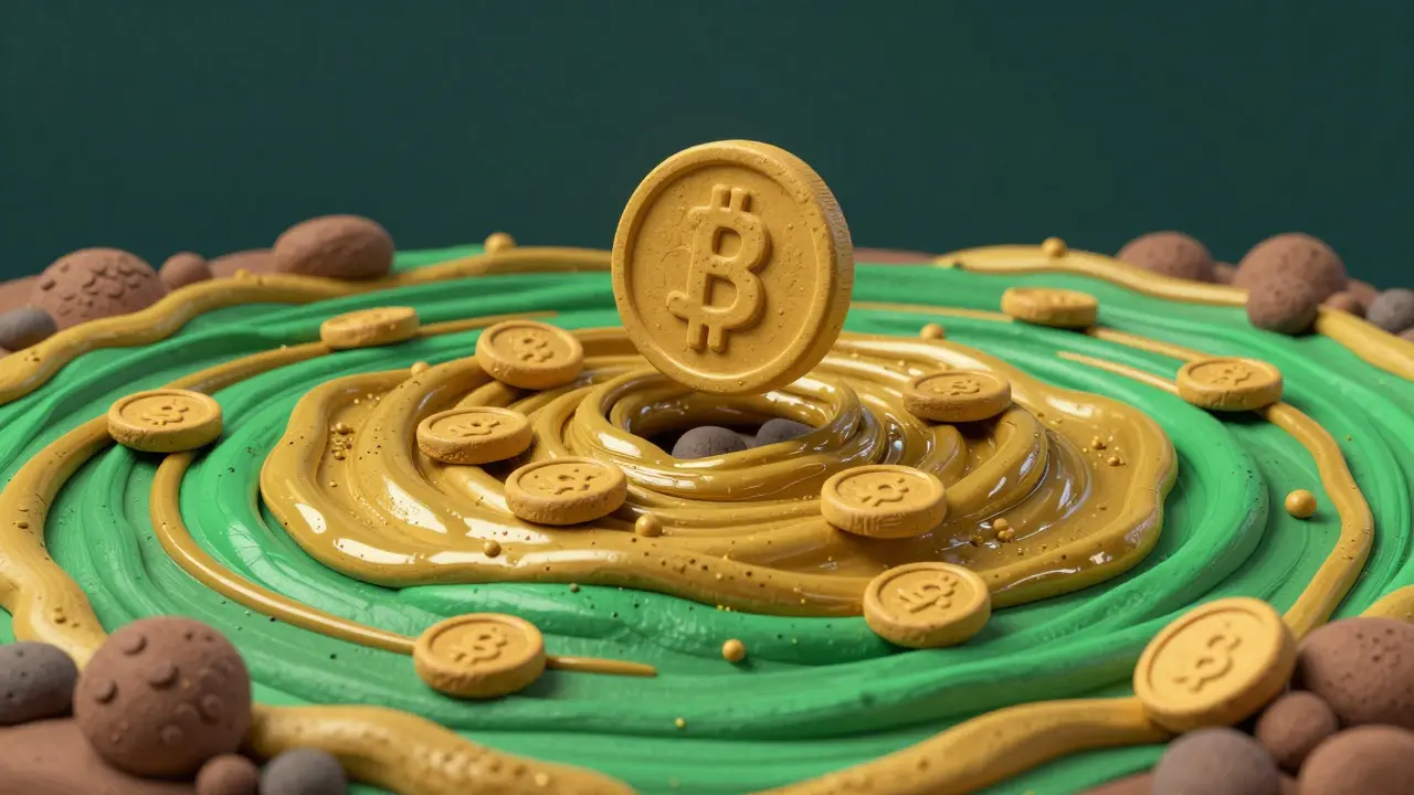 Abstract clay illustration of a swirling pool of gold and green liquid with floating coins