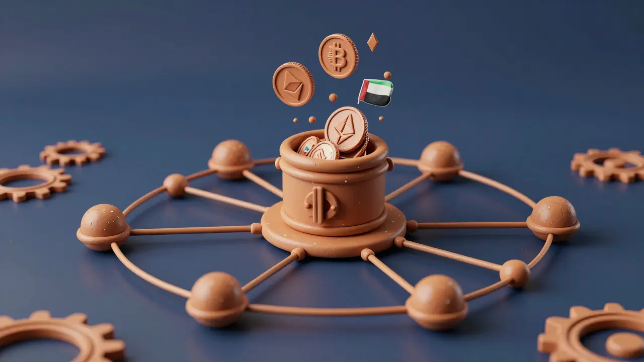 Abstract clay network surrounding a secure vault with crypto tokens flowing into it
