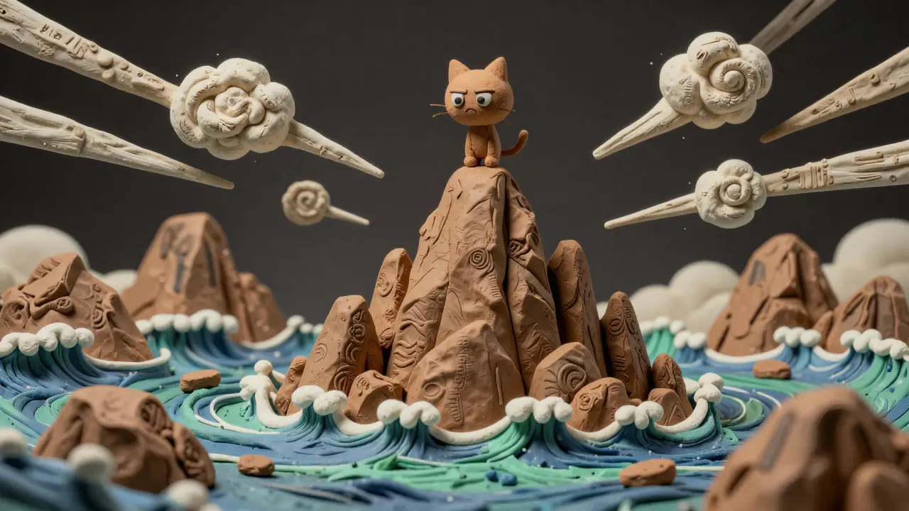 Cartoon clay illustration of a small cat balancing on a jagged rock amidst turbulent waves and swirling winds