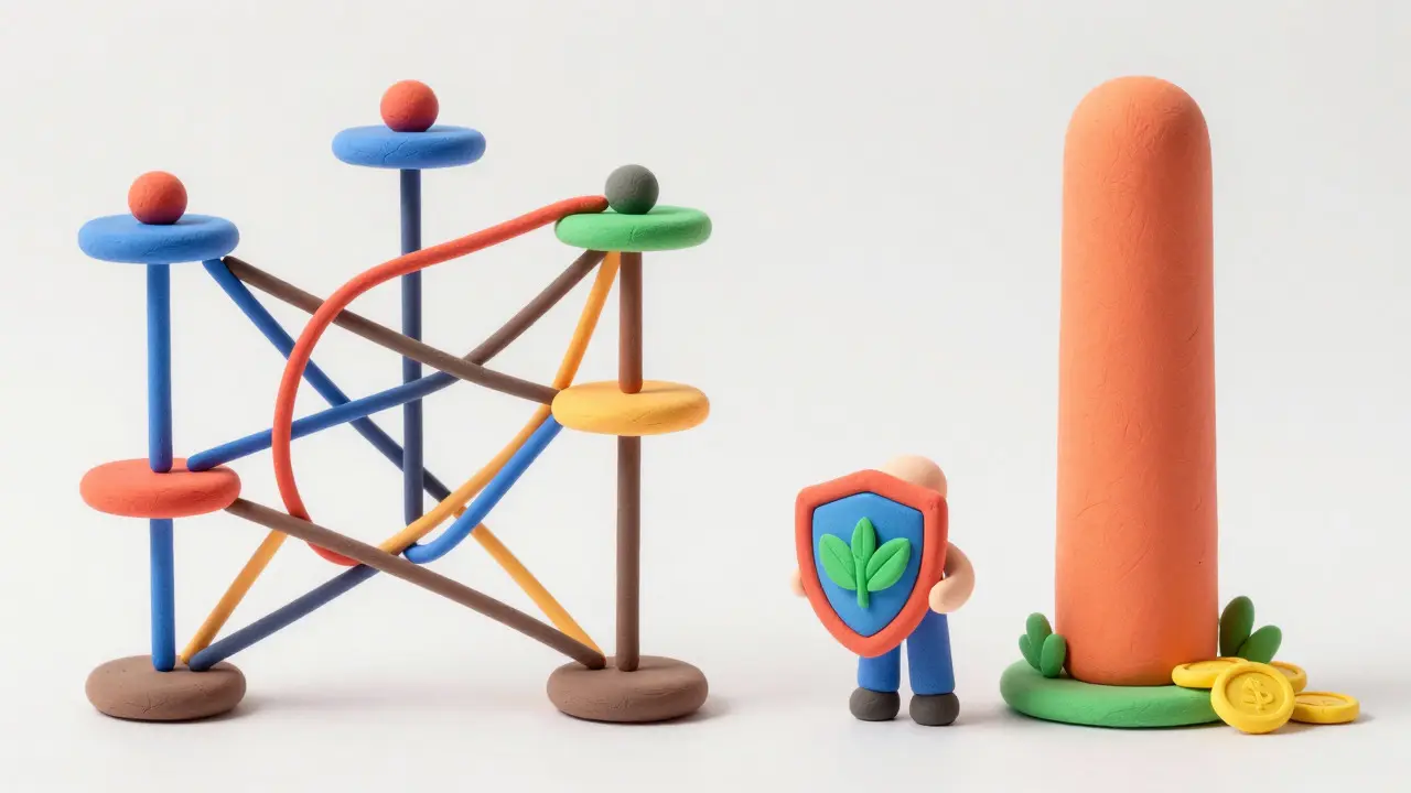 Clay art comparing multi-chain aggregation versus single-chain architecture