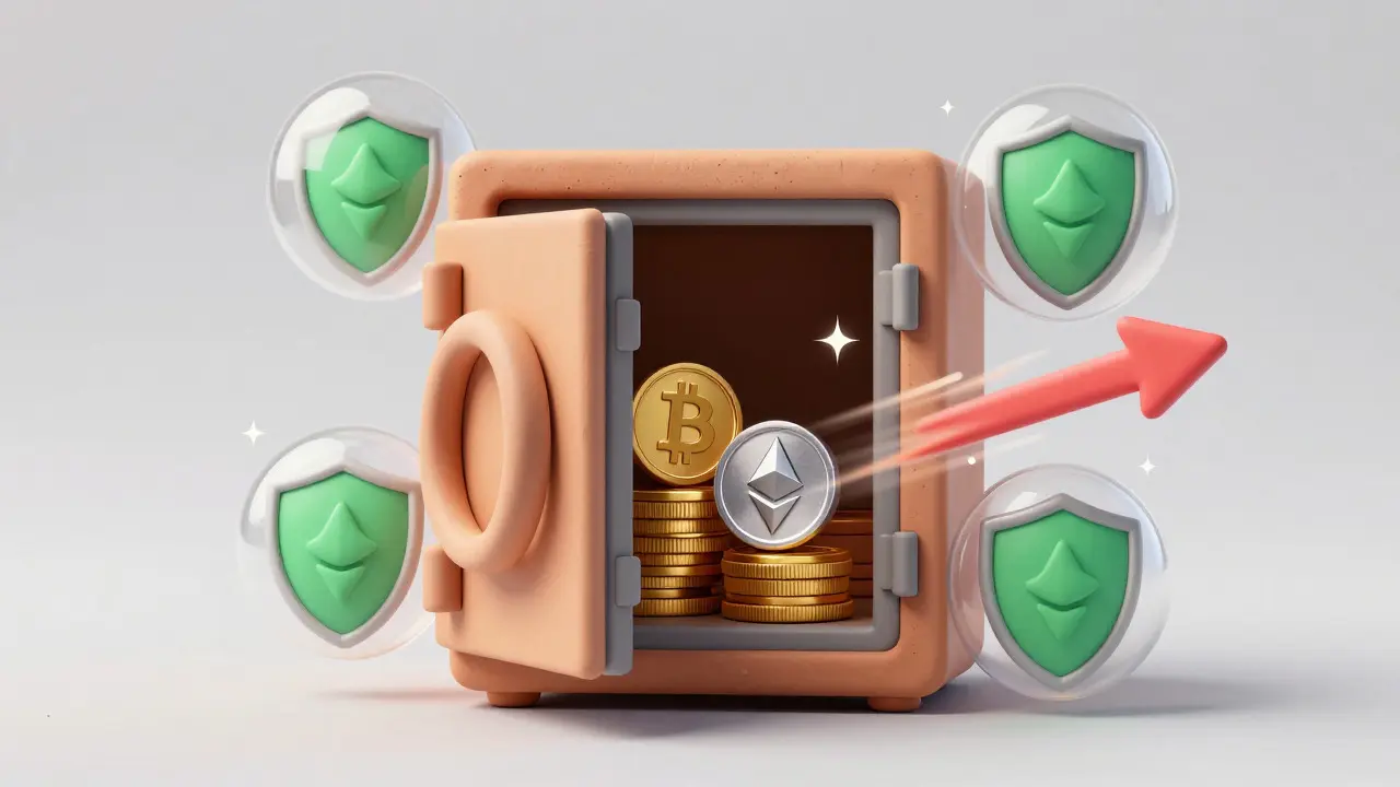 Clay art concept of a secure vault with floating coins and a speed arrow