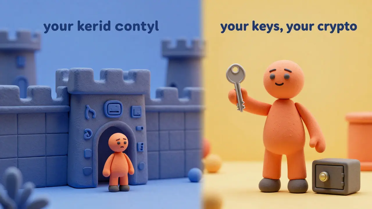 Clay art contrasting a fortified bank with a user holding their own private keys.