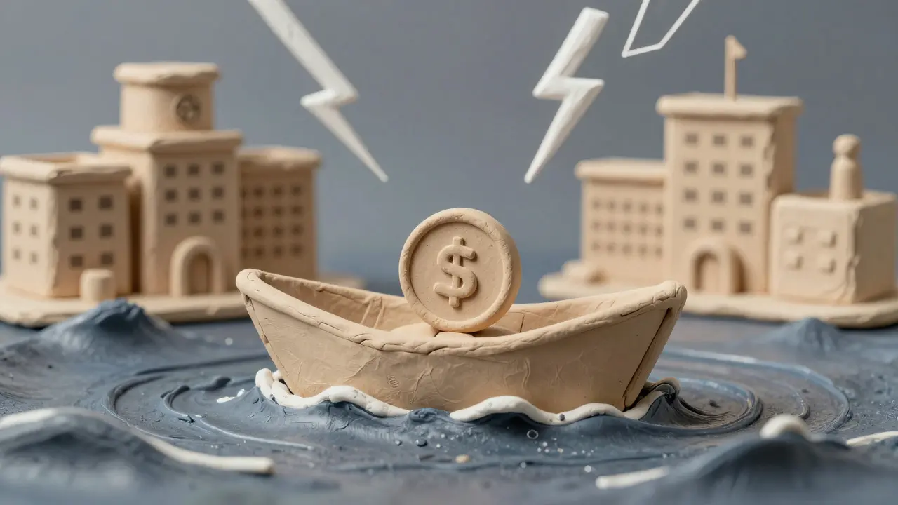 Clay art of a small boat carrying a coin in turbulent, risky waters