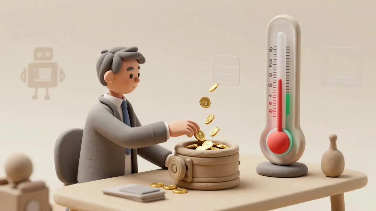 Clay art of investor using DCA strategy with balanced fear and greed meter