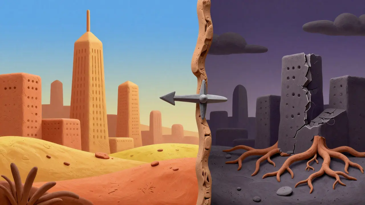 Clay art split screen comparing ideal vs problematic trading jurisdictions