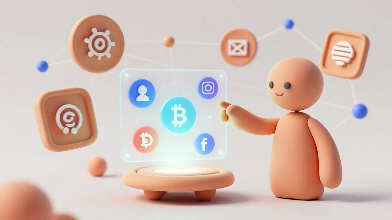 Clay character interacting with a soft, glowing holographic crypto trading interface.