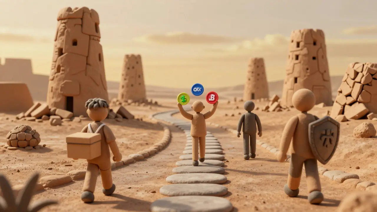 Clay characters walking paths toward surviving exchange towers amidst a consolidating market.