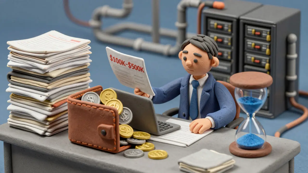 Clay figure at desk with piles of papers and coins showing high costs