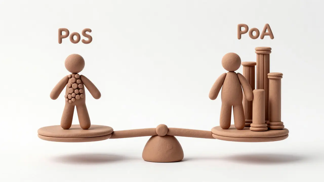 Clay figures balancing Proof of Stake vs Authority concepts