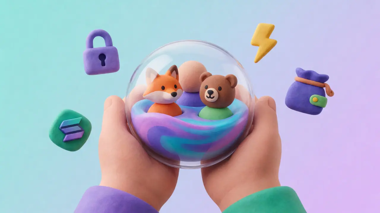 Clay hands holding a liquidity orb with blockchain mascots inside.