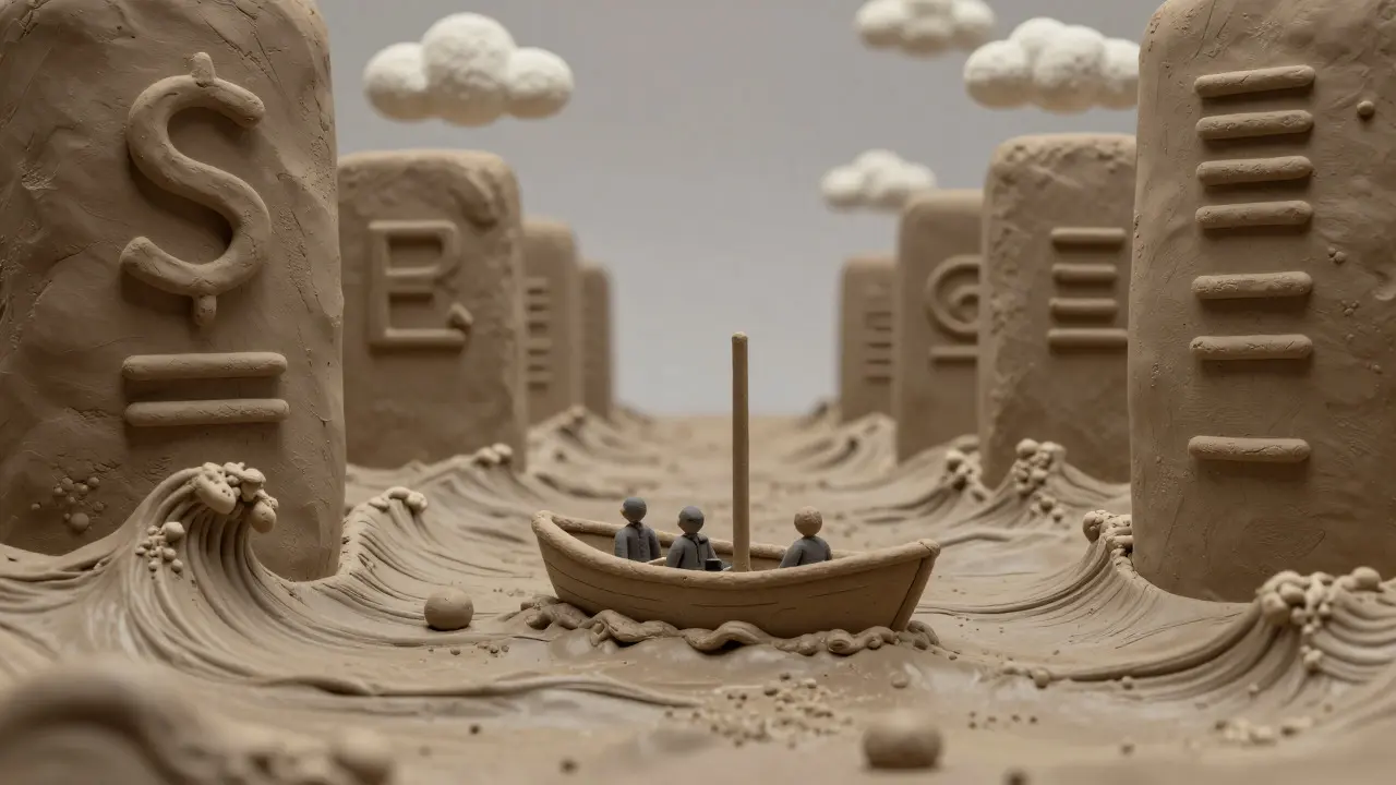 Clay illustration of a small boat struggling through thick, blocked waters representing risk