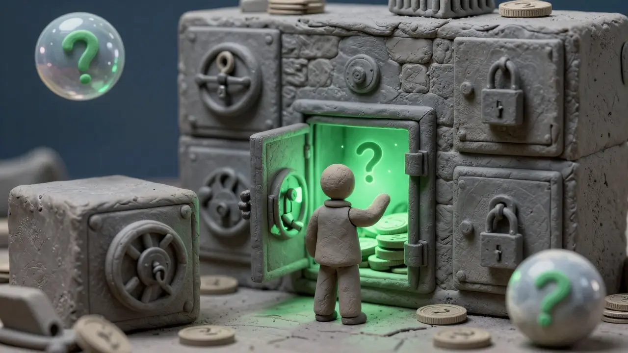 Clay illustration of a trader facing locked and open bank vaults
