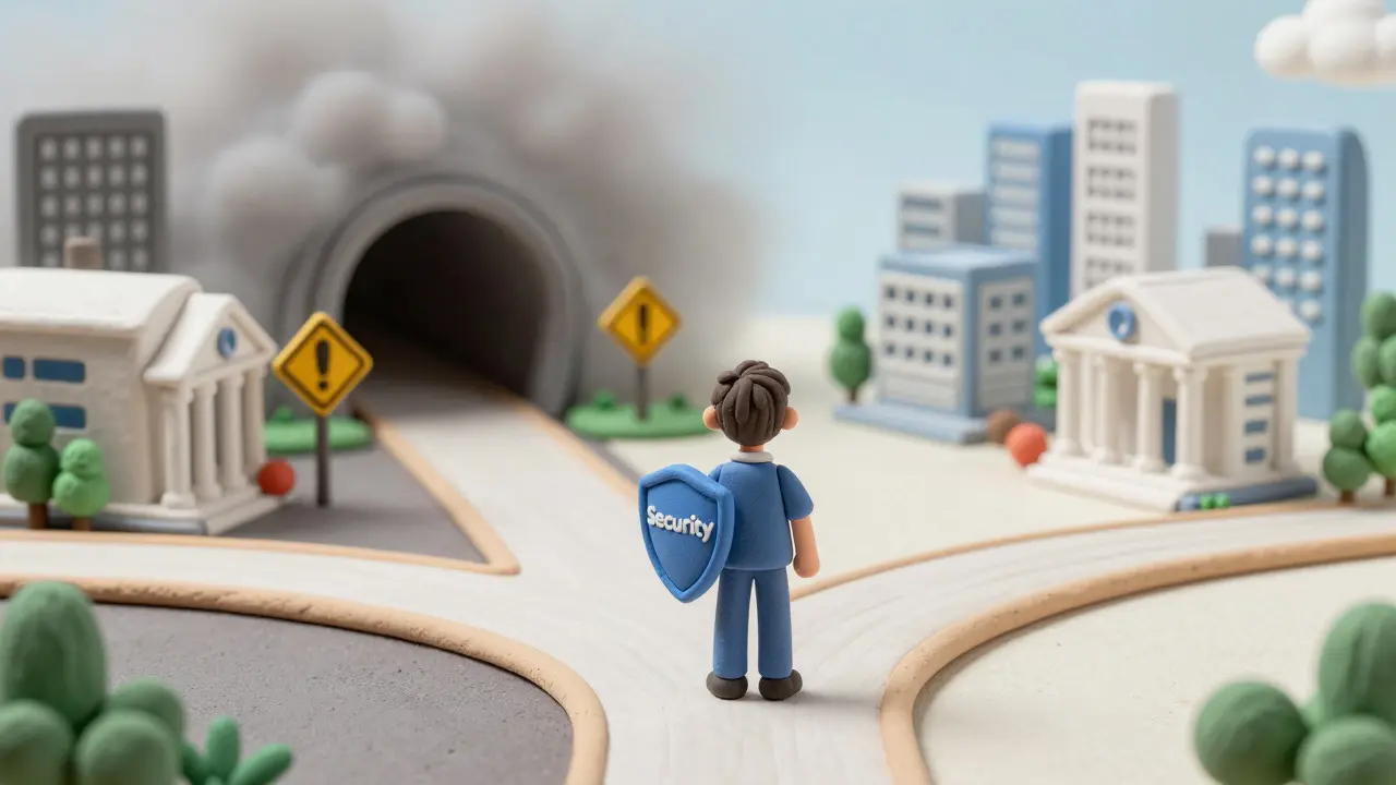 Clay illustration of a user choosing a safe, regulated crypto path over a risky one.
