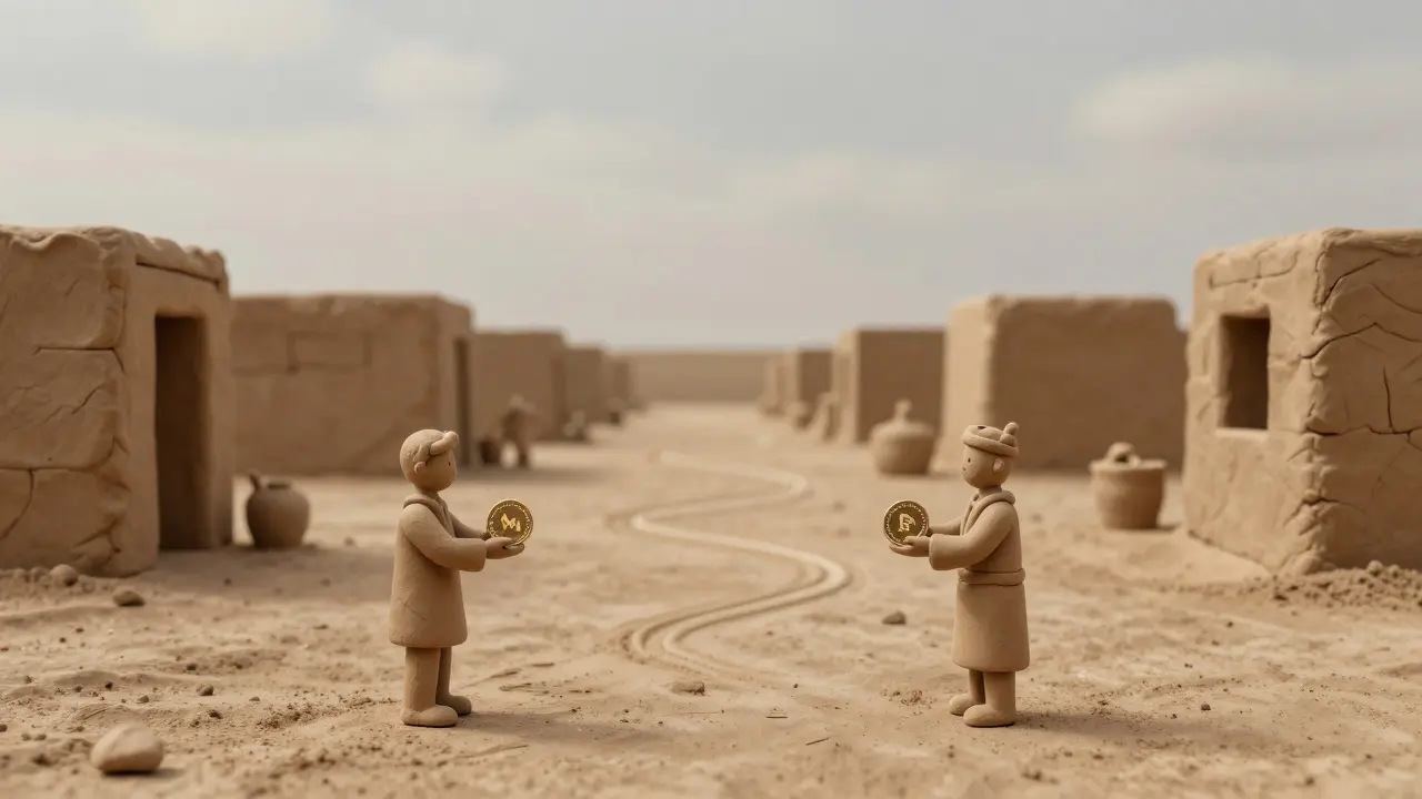 Clay illustration of an empty marketplace with distant traders