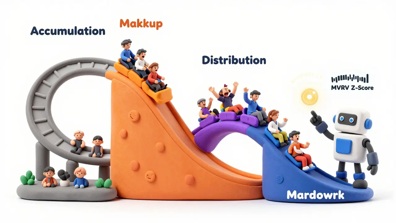 Clay illustration of crypto market cycle rollercoaster with metric gauge